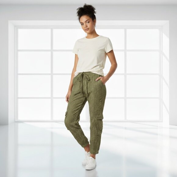 Johnny Was Khaki Green Embroidered Pull-On Cargo Joggers M - Cupro Rayon Comfort - Picture 1 of 11